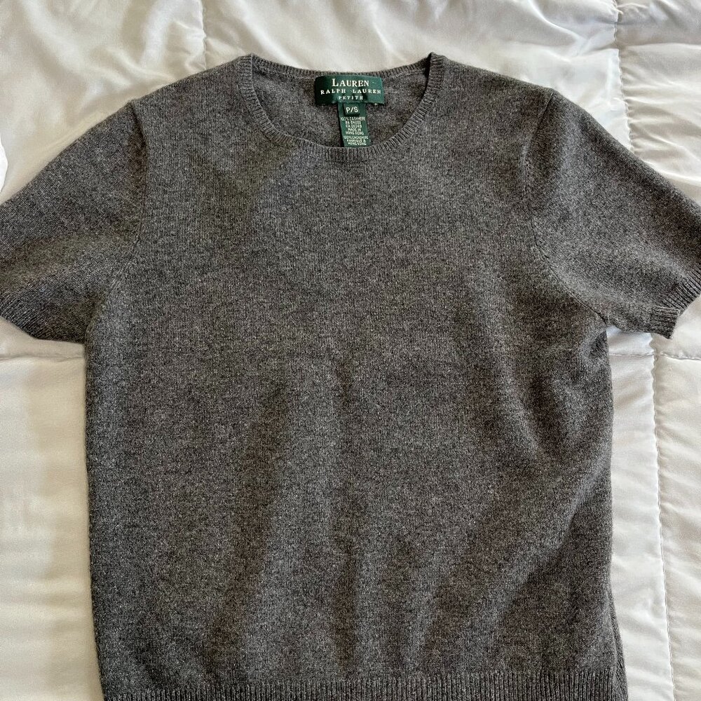 Ralph Lauren Petite Grey Cashmere Short Sleeve Sweater
